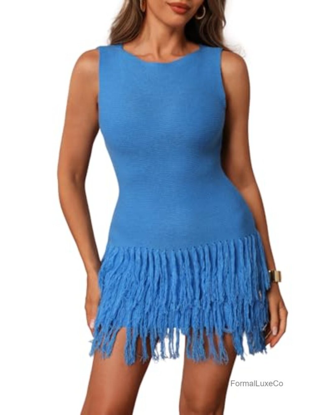Sleeveless Fringe Bodycon Mini Dress Crew Neck Knit Club Night Out